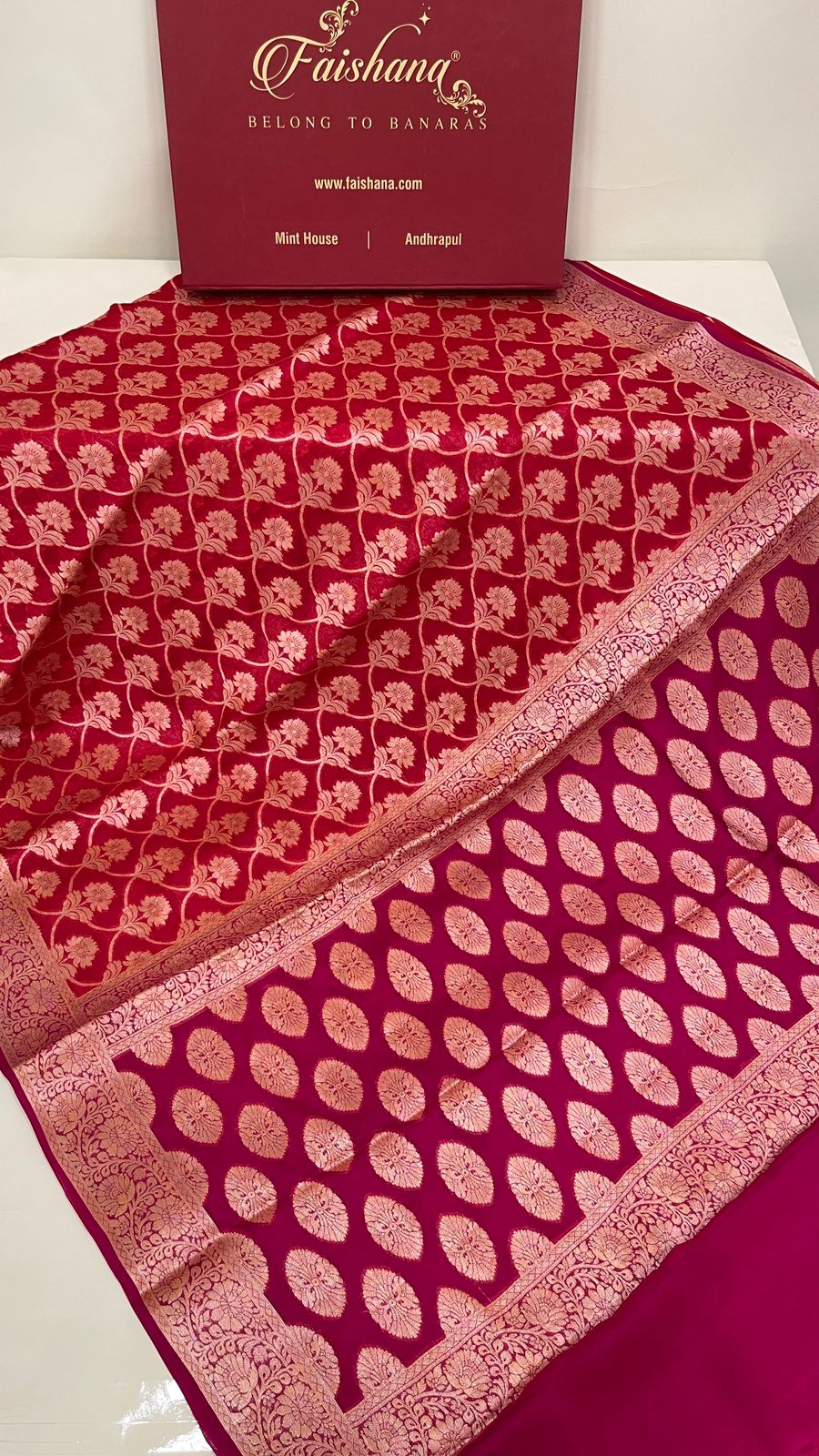 Faishana Pure Handloom Dark Pink Chiffon Golden Zari Floral Booti Jaal with Contrast Magenta Zari Booti Anchal and Zari Border with Magenta Blouse