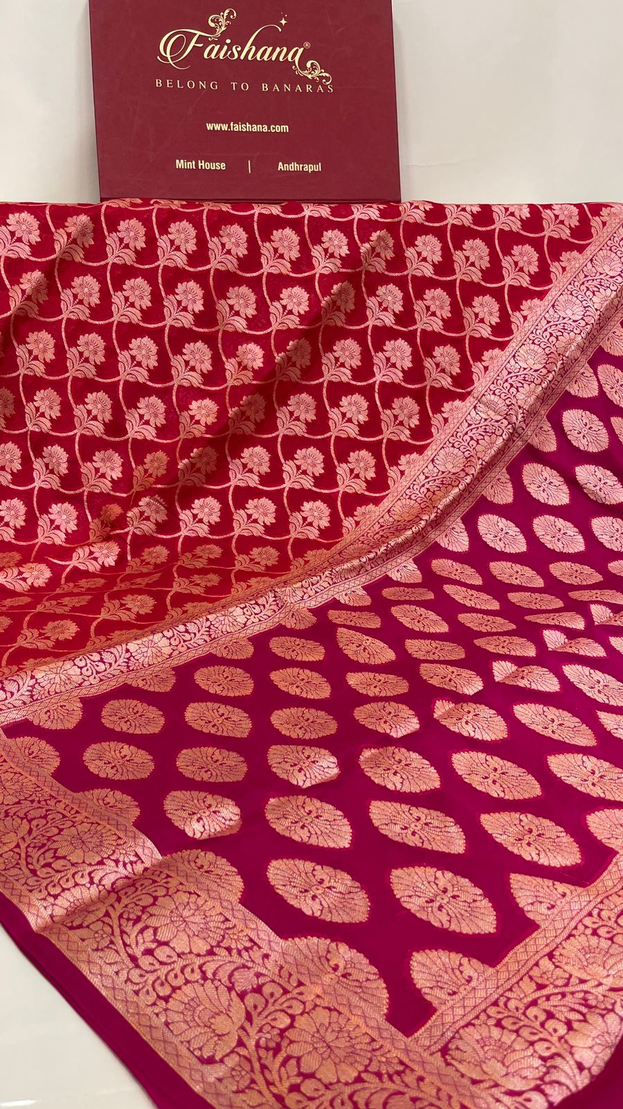 Faishana Pure Handloom Dark Pink Chiffon Golden Zari Floral Booti Jaal with Contrast Magenta Zari Booti Anchal and Zari Border with Magenta Blouse