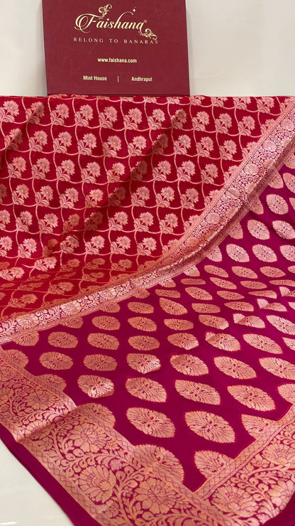 Faishana Pure Handloom Dark Pink Chiffon Golden Zari Floral Booti Jaal with Contrast Magenta Zari Booti Anchal and Zari Border with Magenta Blouse