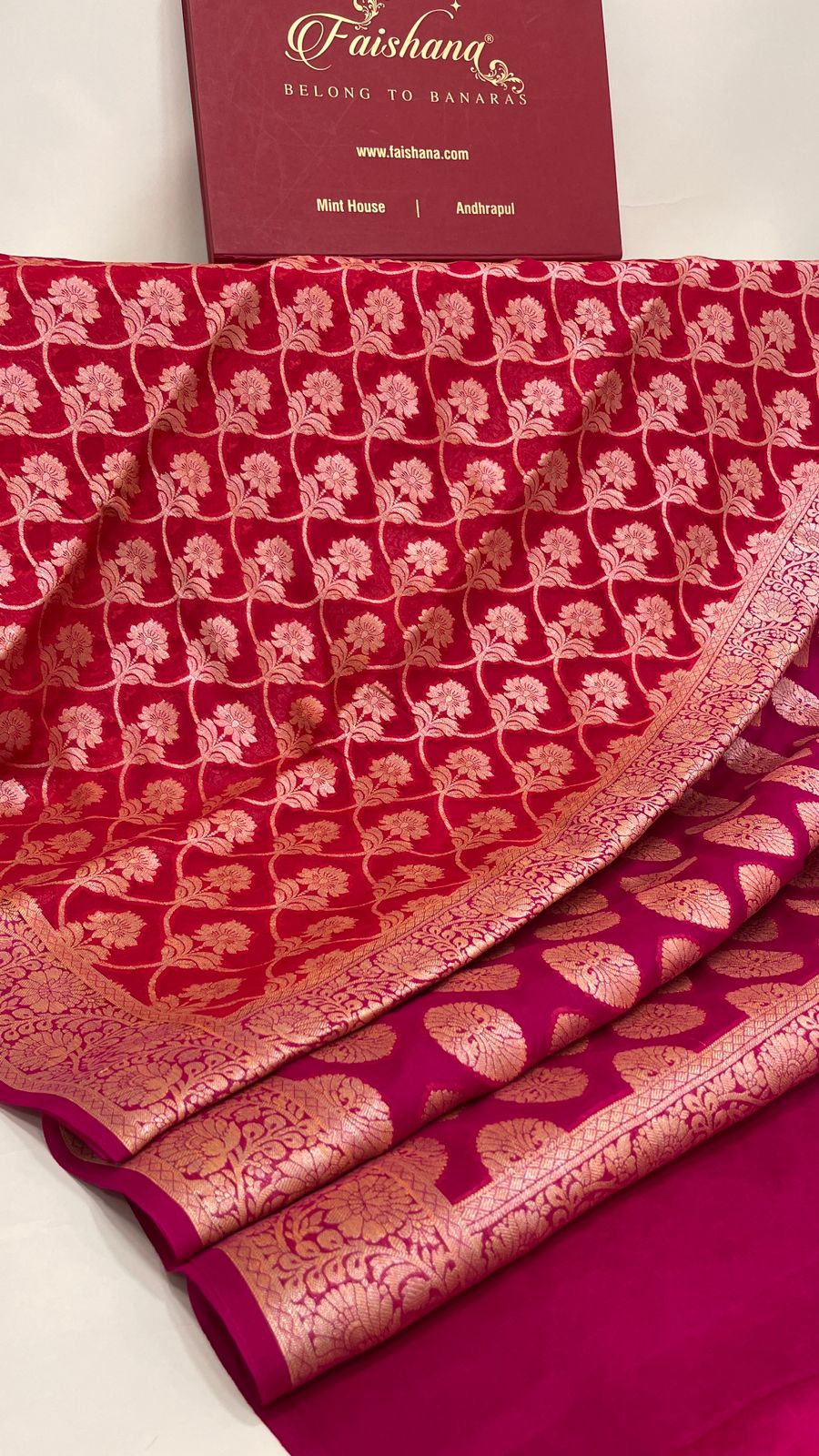 Faishana Pure Handloom Dark Pink Chiffon Golden Zari Floral Booti Jaal with Contrast Magenta Zari Booti Anchal and Zari Border with Magenta Blouse