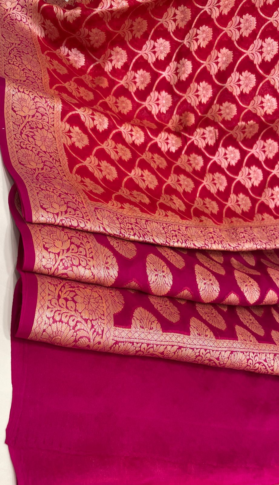 Faishana Pure Handloom Dark Pink Chiffon Golden Zari Floral Booti Jaal with Contrast Magenta Zari Booti Anchal and Zari Border with Magenta Blouse