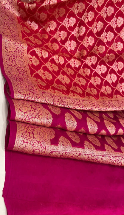 Faishana Pure Handloom Dark Pink Chiffon Golden Zari Floral Booti Jaal with Contrast Magenta Zari Booti Anchal and Zari Border with Magenta Blouse