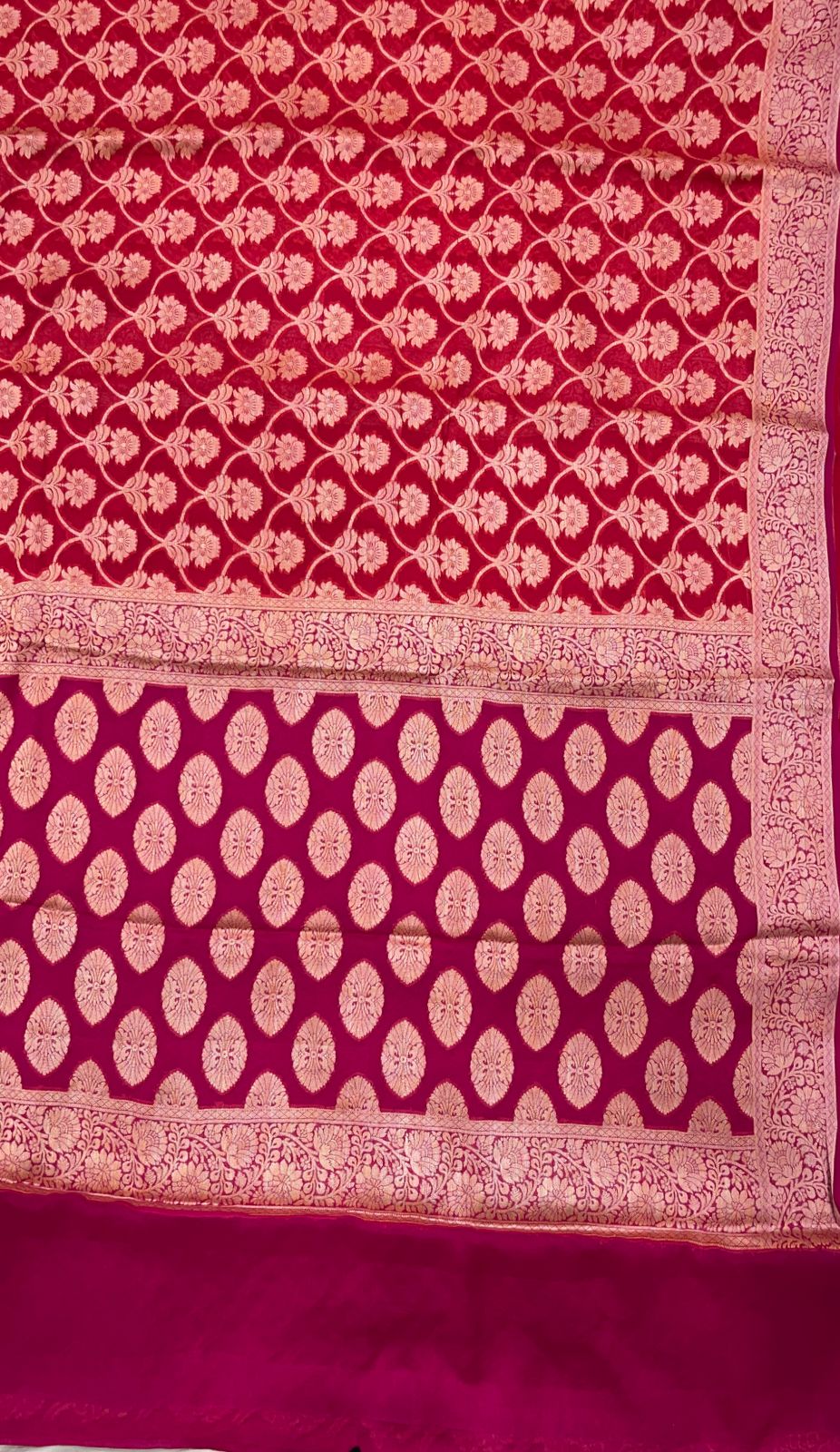 Faishana Pure Handloom Dark Pink Chiffon Golden Zari Floral Booti Jaal with Contrast Magenta Zari Booti Anchal and Zari Border with Magenta Blouse
