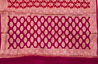 Faishana Pure Handloom Dark Pink Chiffon Golden Zari Floral Booti Jaal with Contrast Magenta Zari Booti Anchal and Zari Border with Magenta Blouse