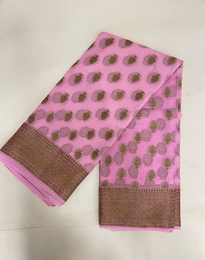 Faishana Pure Handloom Baby Pink Chiffon Copper Zari Booti and Banarasi Copper Zari Border and Pallu with Pink Blouse&nbsp;