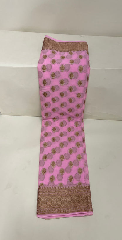 Faishana Pure Handloom Baby Pink Chiffon Copper Zari Booti and Banarasi Copper Zari Border and Pallu with Pink Blouse&nbsp;