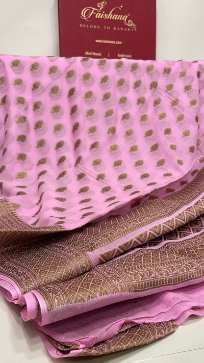 Faishana Pure Handloom Baby Pink Chiffon Copper Zari Booti and Banarasi Copper Zari Border and Pallu with Pink Blouse&nbsp;
