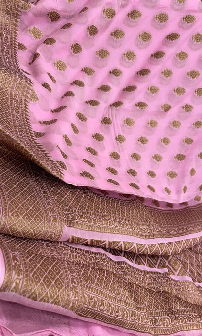 Faishana Pure Handloom Baby Pink Chiffon Copper Zari Booti and Banarasi Copper Zari Border and Pallu with Pink Blouse&nbsp;
