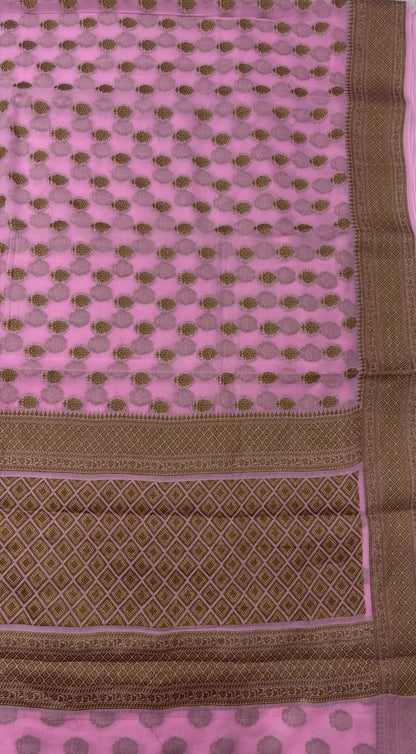 Faishana Pure Handloom Baby Pink Chiffon Copper Zari Booti and Banarasi Copper Zari Border and Pallu with Pink Blouse&nbsp;