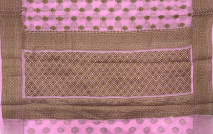 Faishana Pure Handloom Baby Pink Chiffon Copper Zari Booti and Banarasi Copper Zari Border and Pallu with Pink Blouse&nbsp;