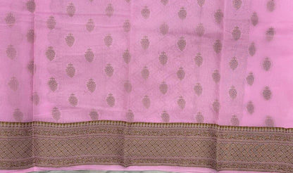 Faishana Pure Handloom Baby Pink Chiffon Copper Zari Booti and Banarasi Copper Zari Border and Pallu with Pink Blouse&nbsp;