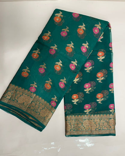 Faishana Pure Handloom Dark Green Chiffon Floral Mina Zari Booti with Copper Zari Border and Pallu and Dark Green Blouse
