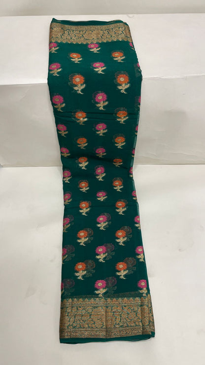 Faishana Pure Handloom Dark Green Chiffon Floral Mina Zari Booti with Copper Zari Border and Pallu and Dark Green Blouse