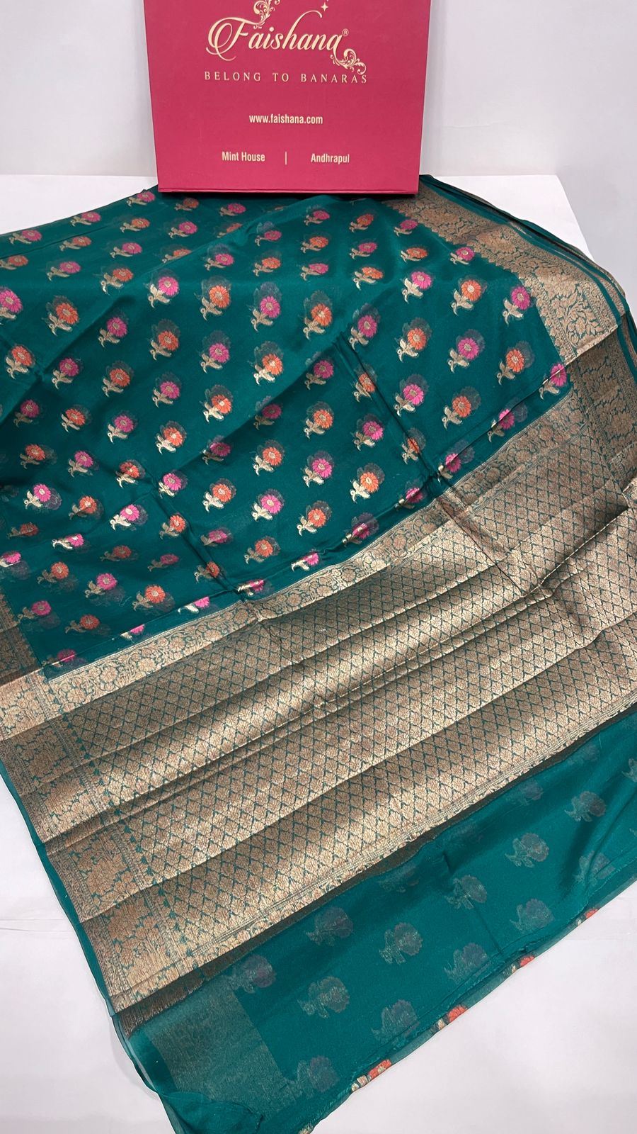 Faishana Pure Handloom Dark Green Chiffon Floral Mina Zari Booti with Copper Zari Border and Pallu and Dark Green Blouse