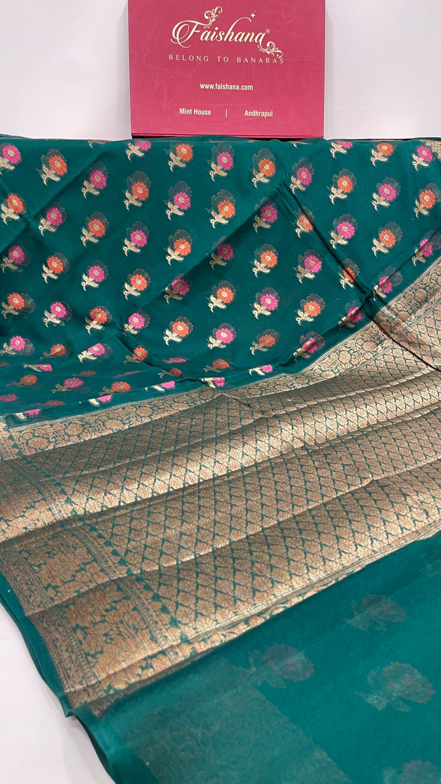 Faishana Pure Handloom Dark Green Chiffon Floral Mina Zari Booti with Copper Zari Border and Pallu and Dark Green Blouse