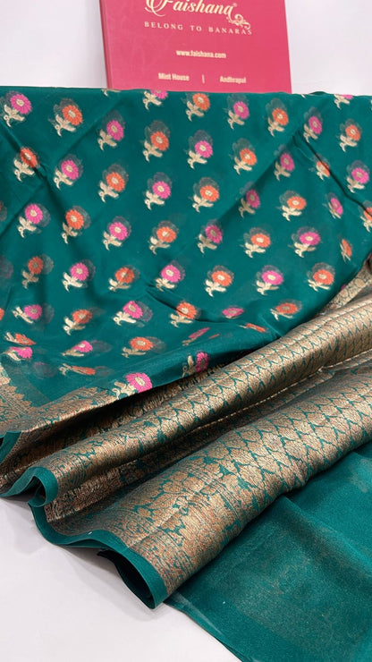 Faishana Pure Handloom Dark Green Chiffon Floral Mina Zari Booti with Copper Zari Border and Pallu and Dark Green Blouse
