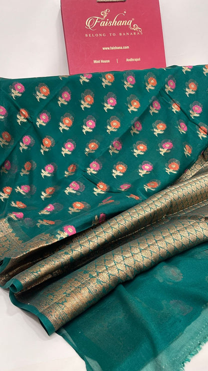 Faishana Pure Handloom Dark Green Chiffon Floral Mina Zari Booti with Copper Zari Border and Pallu and Dark Green Blouse