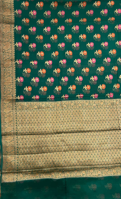 Faishana Pure Handloom Dark Green Chiffon Floral Mina Zari Booti with Copper Zari Border and Pallu and Dark Green Blouse