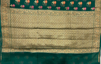 Faishana Pure Handloom Dark Green Chiffon Floral Mina Zari Booti with Copper Zari Border and Pallu and Dark Green Blouse