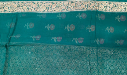 Faishana Pure Handloom Dark Green Chiffon Floral Mina Zari Booti with Copper Zari Border and Pallu and Dark Green Blouse