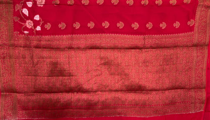 Faishana Pure Handloom Red Chiffon Floral Copper Zari Booti with Floral Tilfi Mina Jaal Skirt Zari Border with Red Blouse