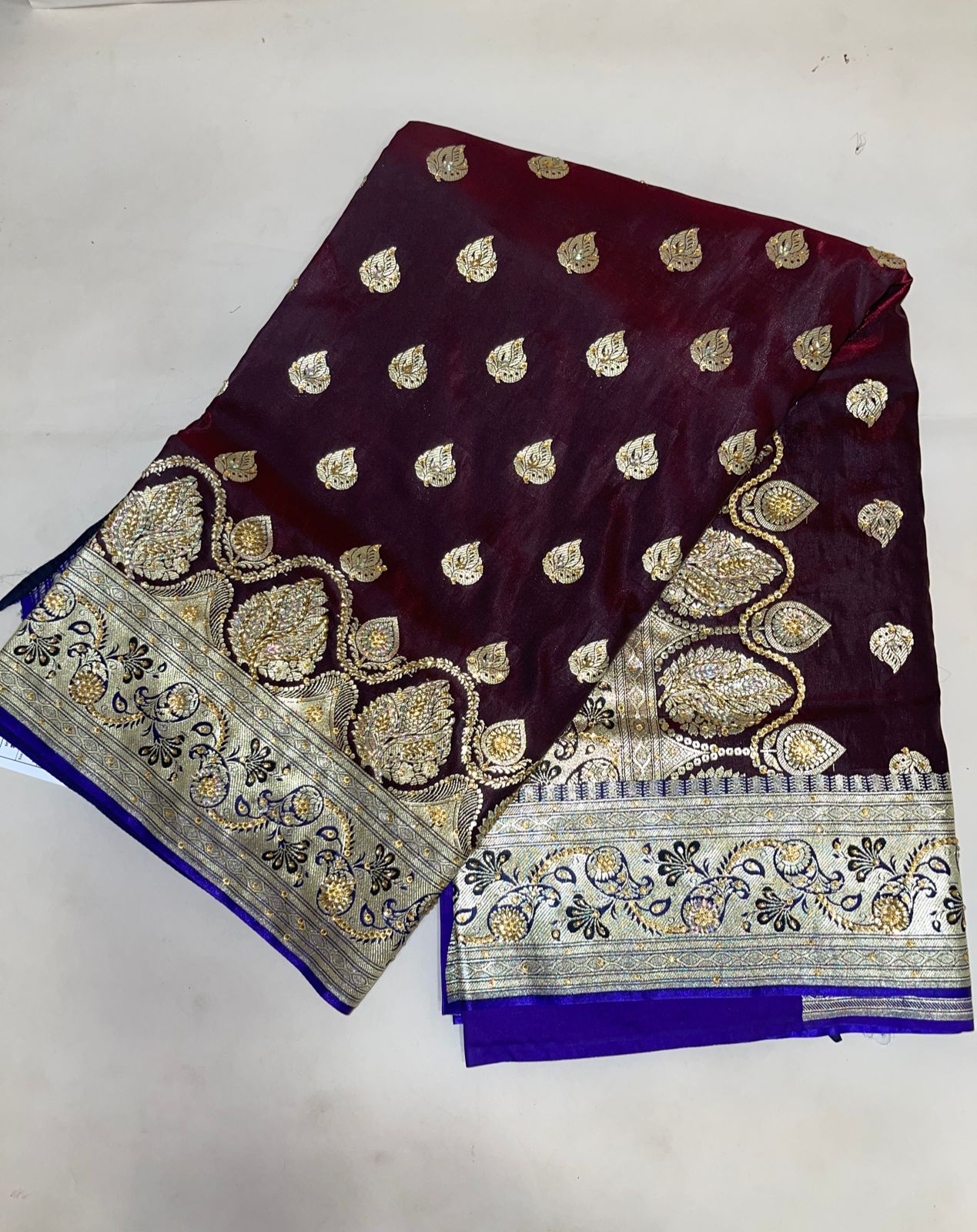 Faishana Presents Brown Stone Work Golden Zari Booti with Contrast Blue Paisley Lehariya Pallu Zari Border with Blue Blouse Banarasi Saree