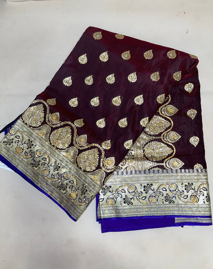 Faishana Presents Brown Stone Work Golden Zari Booti with Contrast Blue Paisley Lehariya Pallu Zari Border with Blue Blouse Banarasi Saree