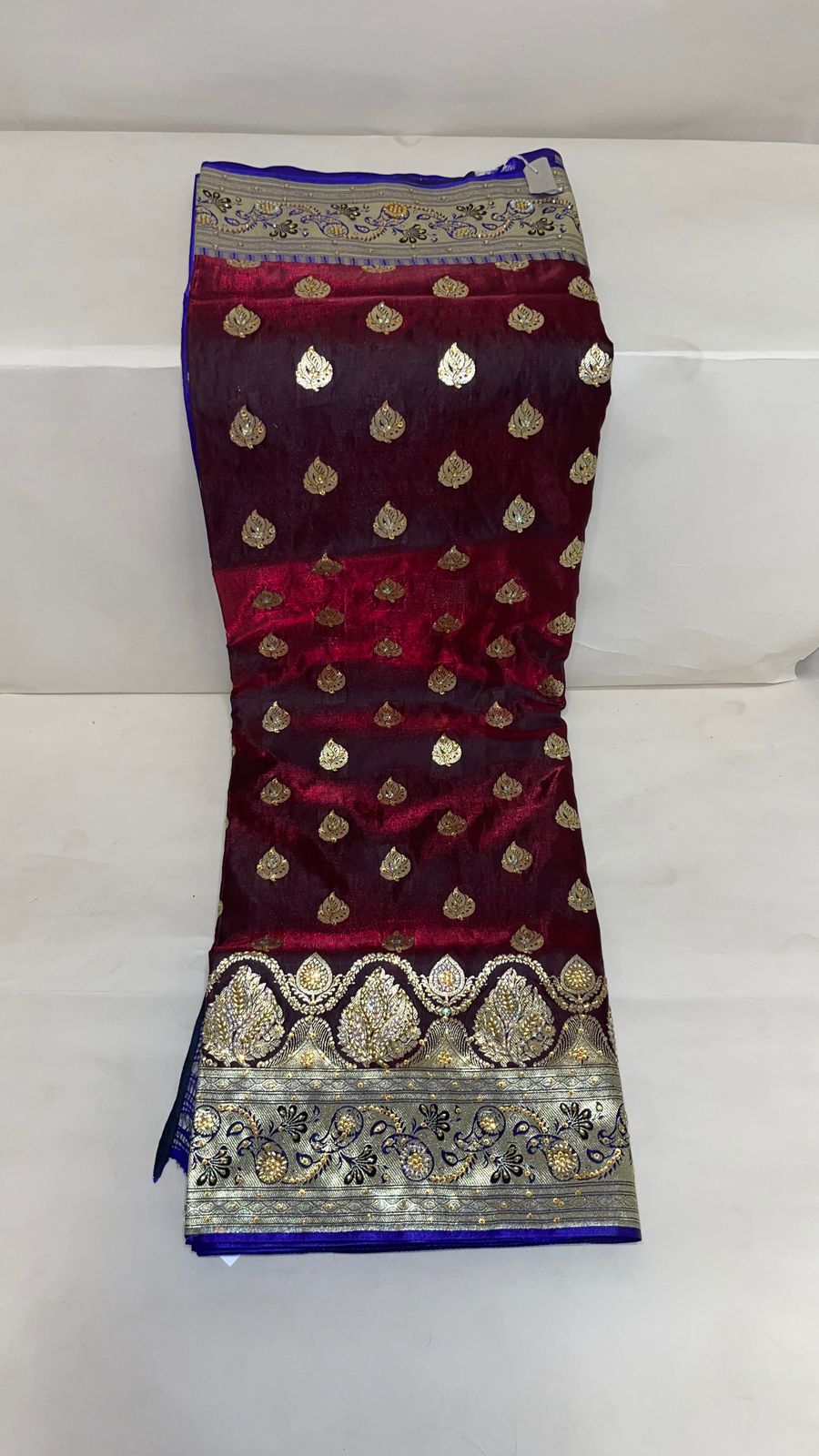 Faishana Presents Brown Stone Work Golden Zari Booti with Contrast Blue Paisley Lehariya Pallu Zari Border with Blue Blouse Banarasi Saree