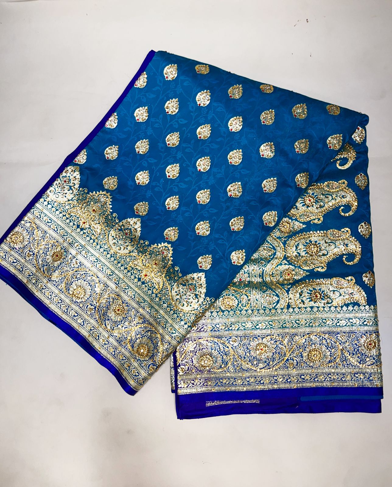 Faishana Presents Turquoise Blue Stone Work Golden Zari Booti Afli Mina Jaal with Alfi Boota Pallu Zari Border and Blue Blouse Banarasi Saree