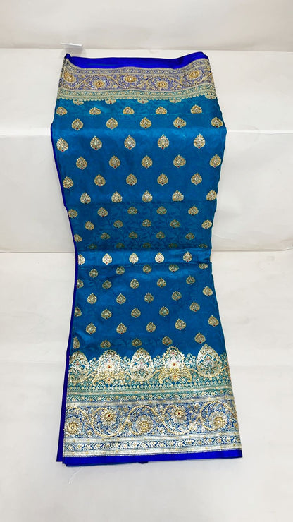 Faishana Presents Turquoise Blue Stone Work Golden Zari Booti Afli Mina Jaal with Alfi Boota Pallu Zari Border and Blue Blouse Banarasi Saree