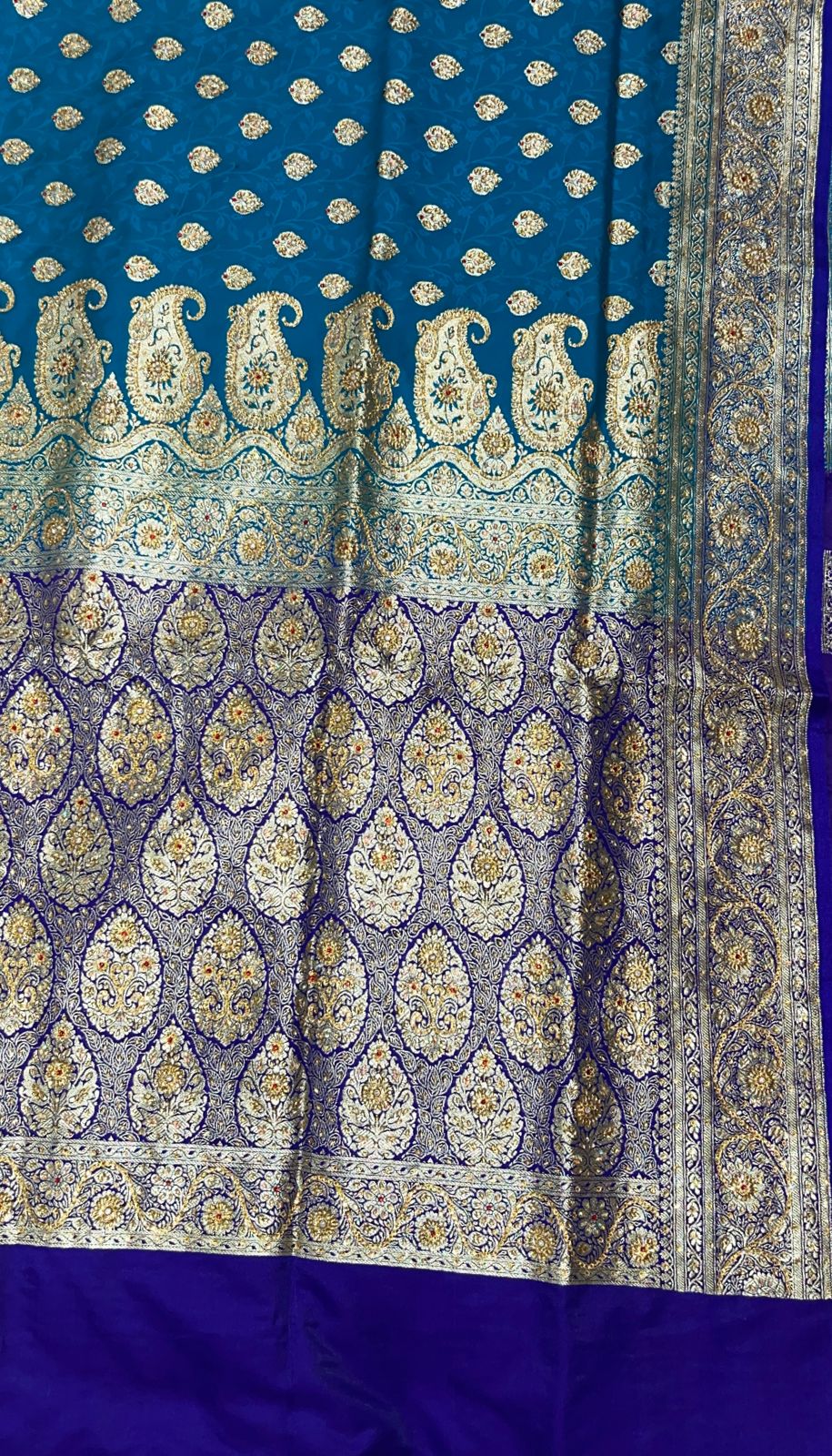 Faishana Presents Turquoise Blue Stone Work Golden Zari Booti Afli Mina Jaal with Alfi Boota Pallu Zari Border and Blue Blouse Banarasi Saree