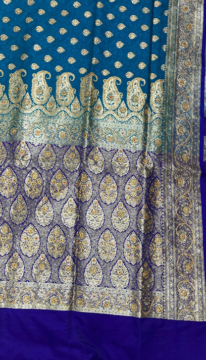 Faishana Presents Turquoise Blue Stone Work Golden Zari Booti Afli Mina Jaal with Alfi Boota Pallu Zari Border and Blue Blouse Banarasi Saree