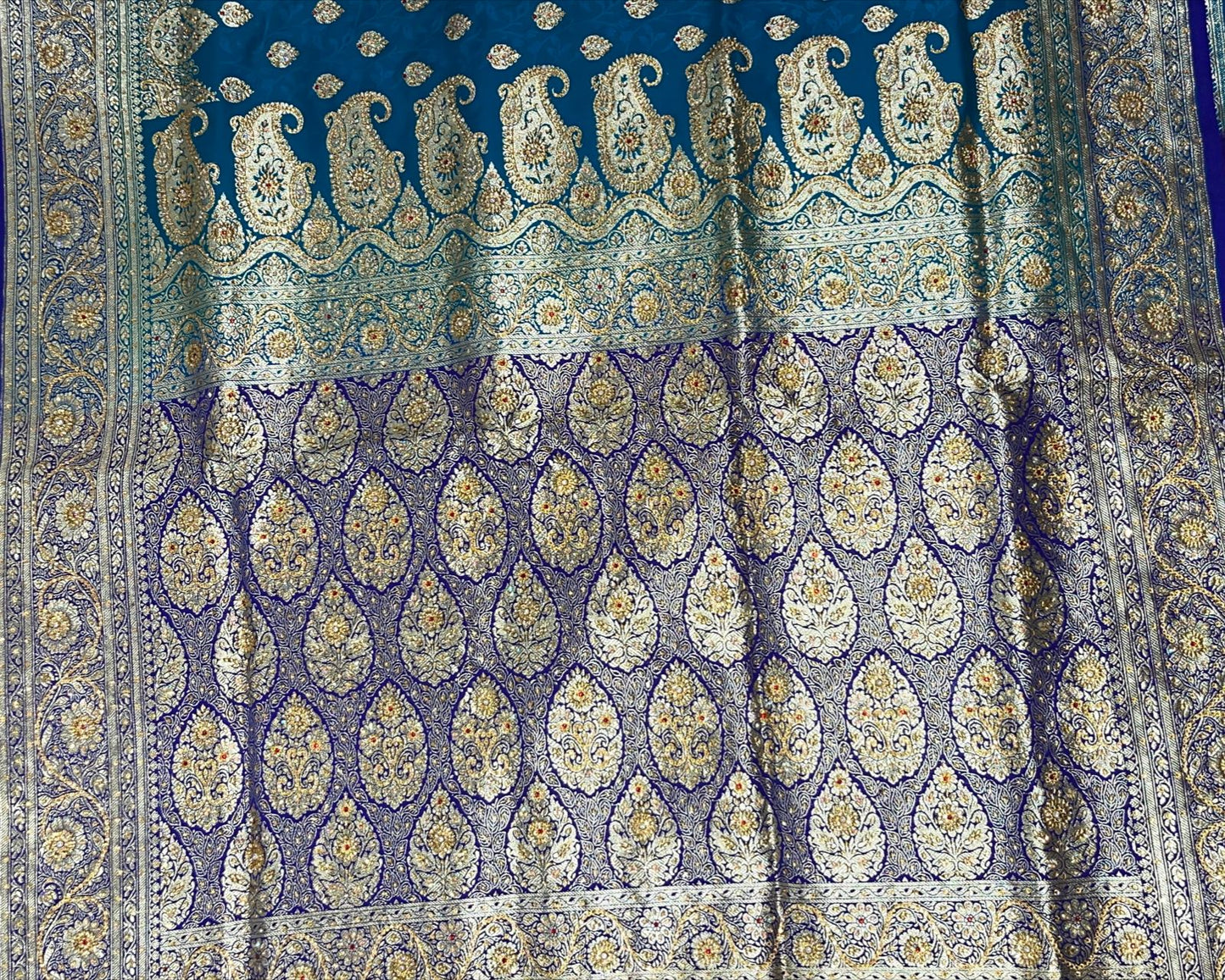 Faishana Presents Turquoise Blue Stone Work Golden Zari Booti Afli Mina Jaal with Alfi Boota Pallu Zari Border and Blue Blouse Banarasi Saree