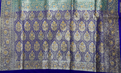 Faishana Presents Turquoise Blue Stone Work Golden Zari Booti Afli Mina Jaal with Alfi Boota Pallu Zari Border and Blue Blouse Banarasi Saree