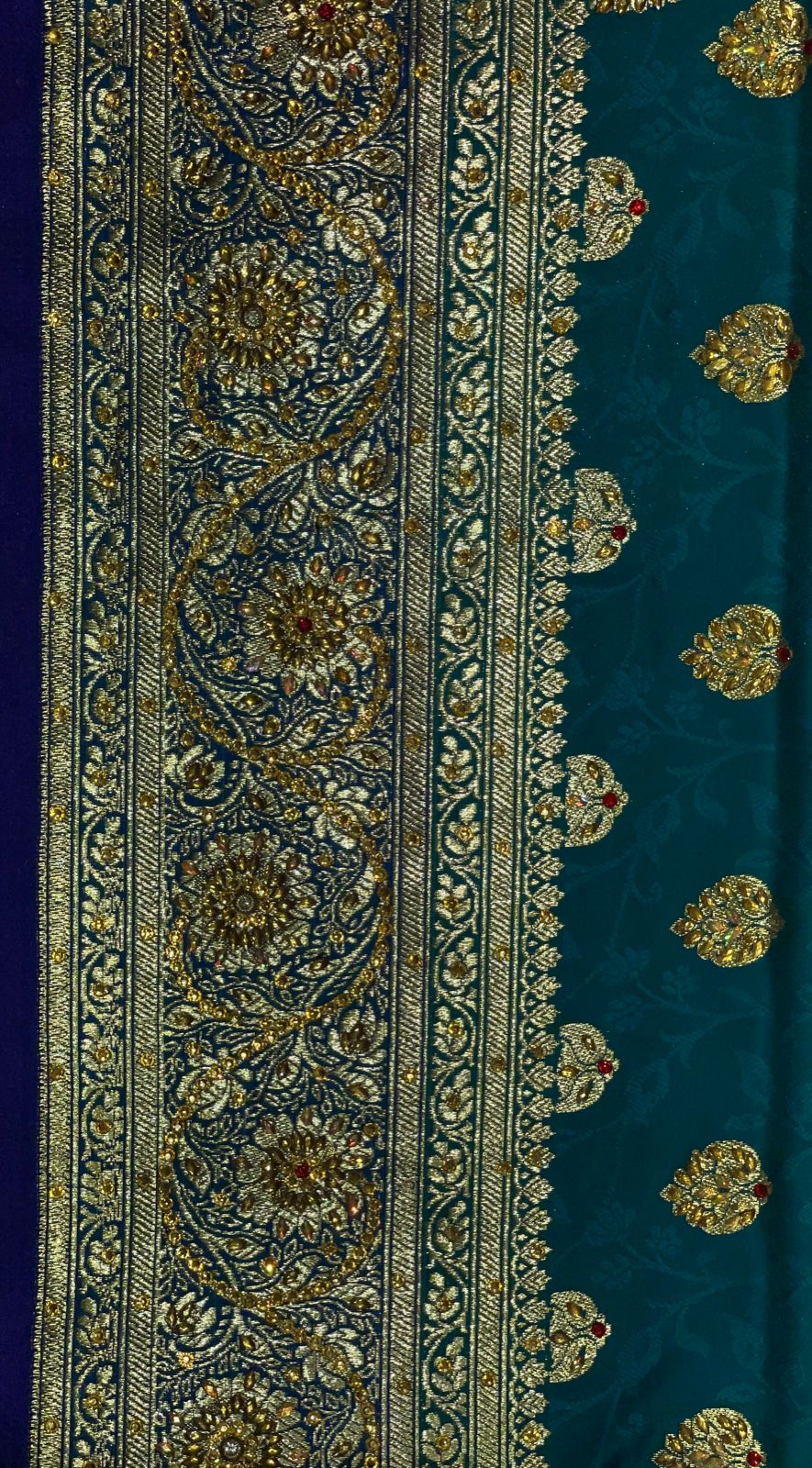 Faishana Presents Turquoise Blue Stone Work Golden Zari Booti Afli Mina Jaal with Alfi Boota Pallu Zari Border and Blue Blouse Banarasi Saree