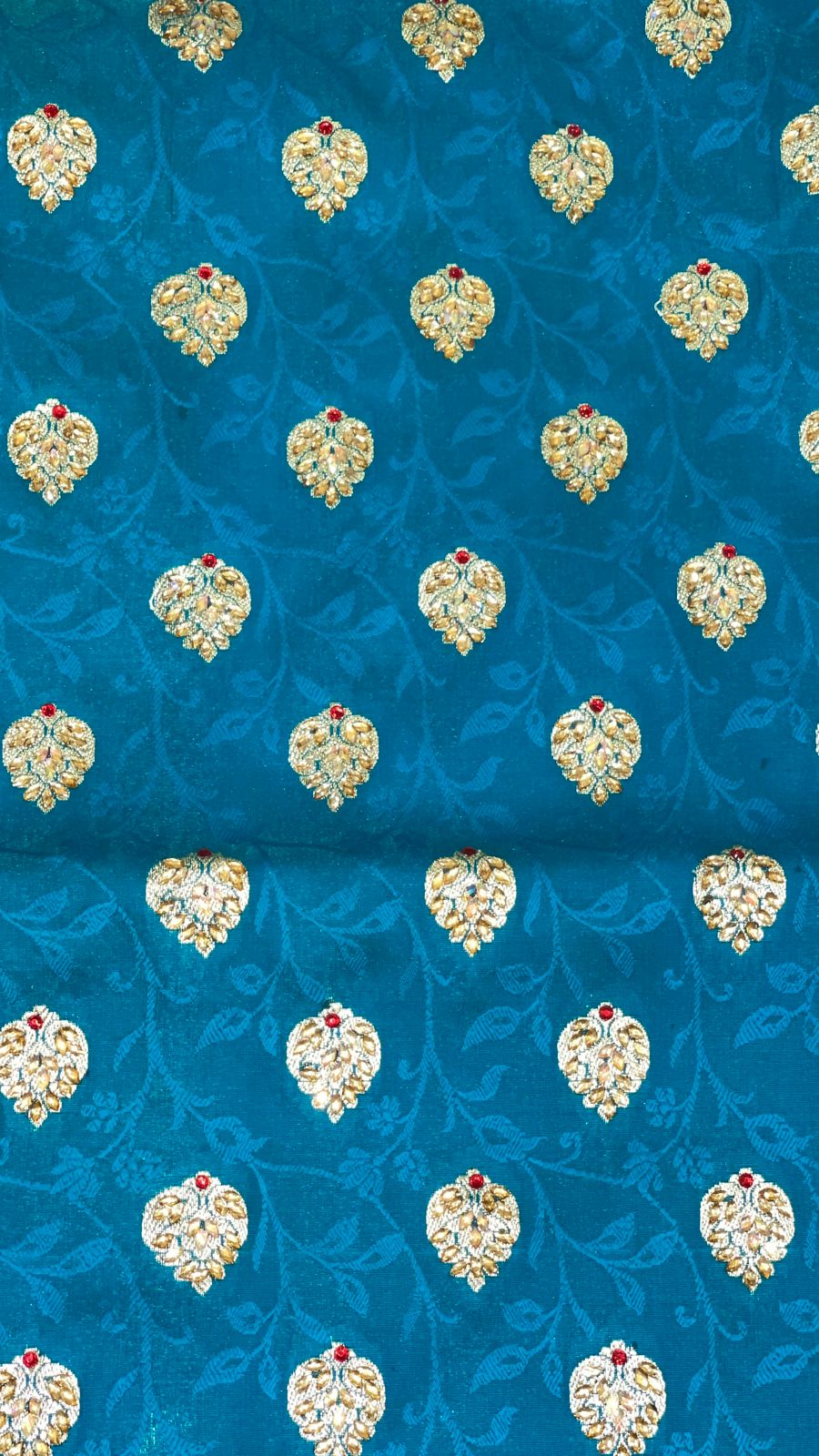 Faishana Presents Turquoise Blue Stone Work Golden Zari Booti Afli Mina Jaal with Alfi Boota Pallu Zari Border and Blue Blouse Banarasi Saree
