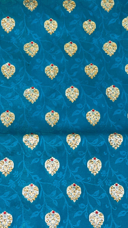 Faishana Presents Turquoise Blue Stone Work Golden Zari Booti Afli Mina Jaal with Alfi Boota Pallu Zari Border and Blue Blouse Banarasi Saree