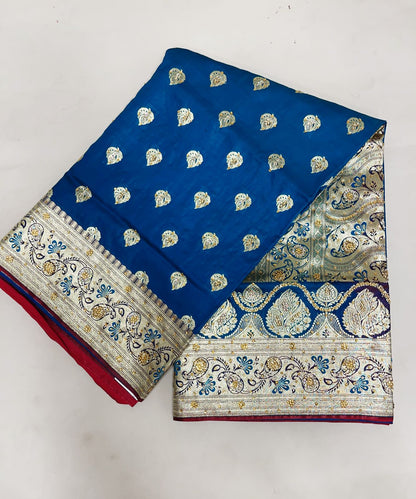 Faishana Presents Indigo Blue Stone Work Golden Zari Booti with Contrast Maroon Paisley Lehariya Pallu Zari Border with Maroon Blouse Banarasi Saree
