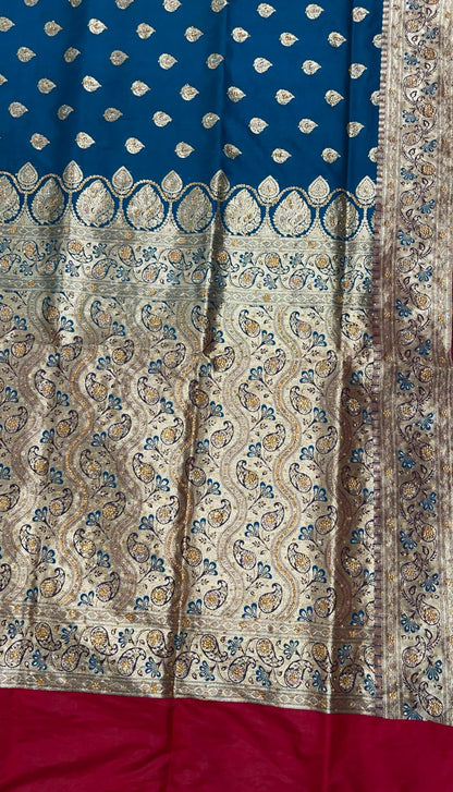 Faishana Presents Indigo Blue Stone Work Golden Zari Booti with Contrast Maroon Paisley Lehariya Pallu Zari Border with Maroon Blouse Banarasi Saree
