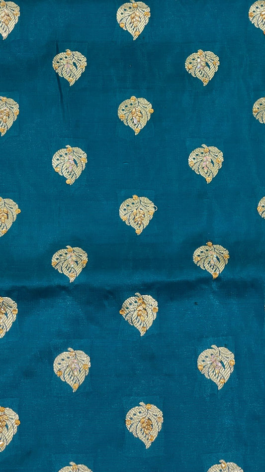 Faishana Presents Indigo Blue Stone Work Golden Zari Booti with Contrast Maroon Paisley Lehariya Pallu Zari Border with Maroon Blouse Banarasi Saree