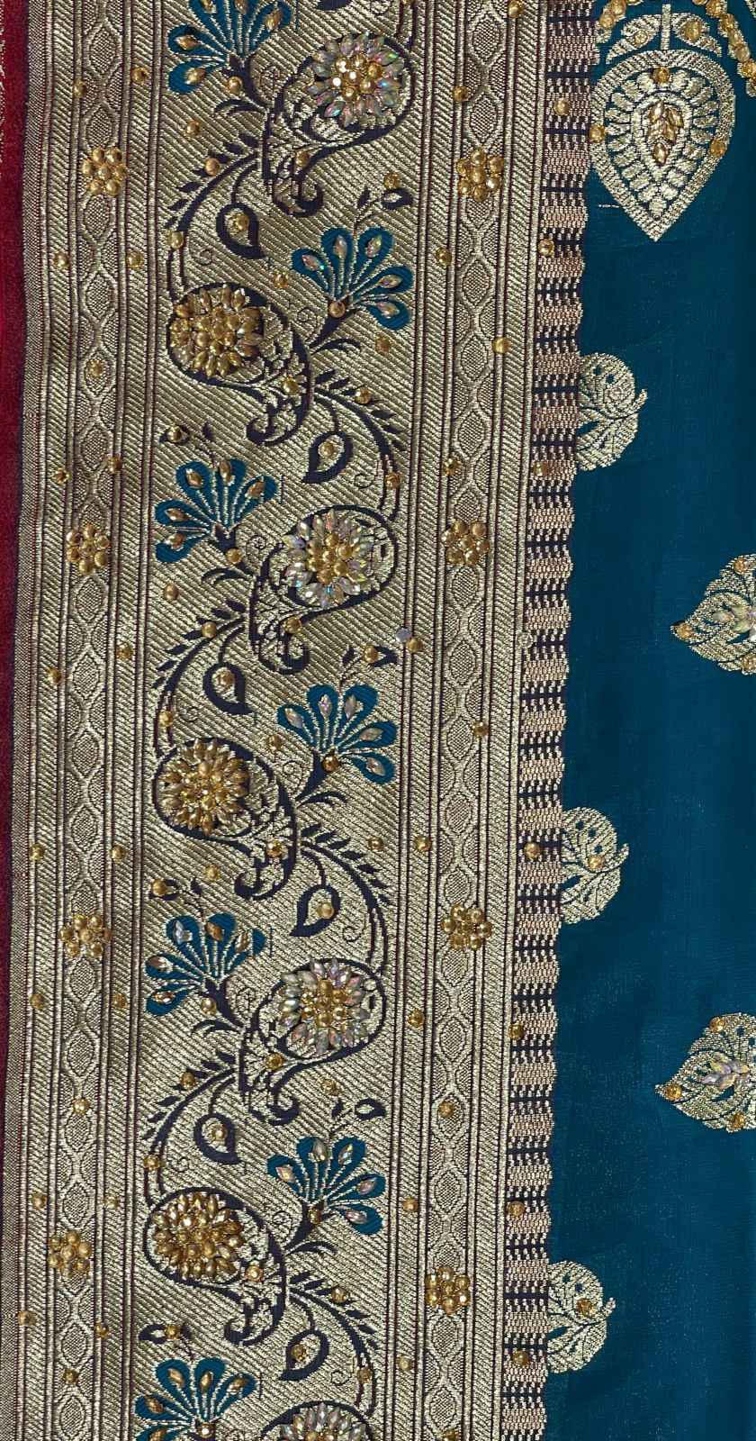 Faishana Presents Indigo Blue Stone Work Golden Zari Booti with Contrast Maroon Paisley Lehariya Pallu Zari Border with Maroon Blouse Banarasi Saree
