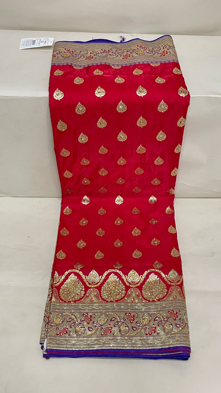 Faishana Presents Red Stone Work Golden Zari Booti with Contrast Blue Paisley Lehariya Pallu Zari Border with Blue Blouse Banarasi Saree