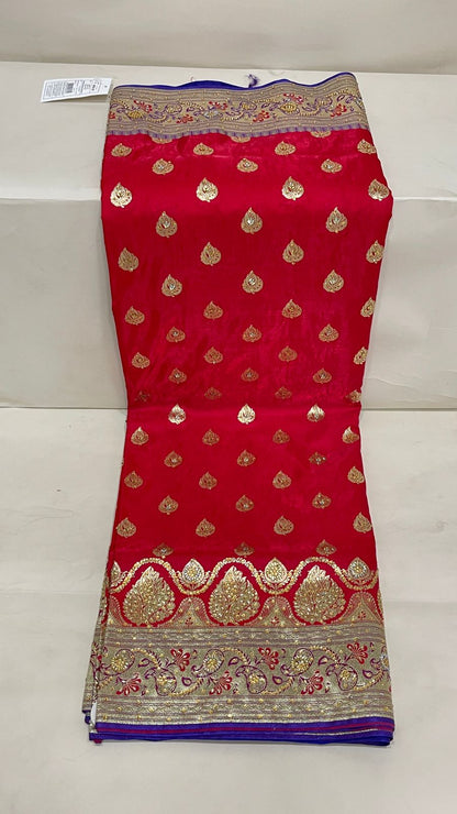 Faishana Presents Red Stone Work Golden Zari Booti with Contrast Blue Paisley Lehariya Pallu Zari Border with Blue Blouse Banarasi Saree