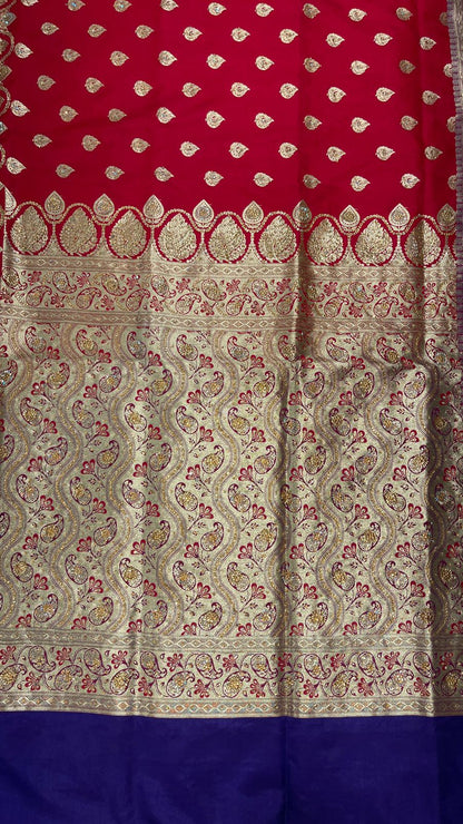 Faishana Presents Red Stone Work Golden Zari Booti with Contrast Blue Paisley Lehariya Pallu Zari Border with Blue Blouse Banarasi Saree