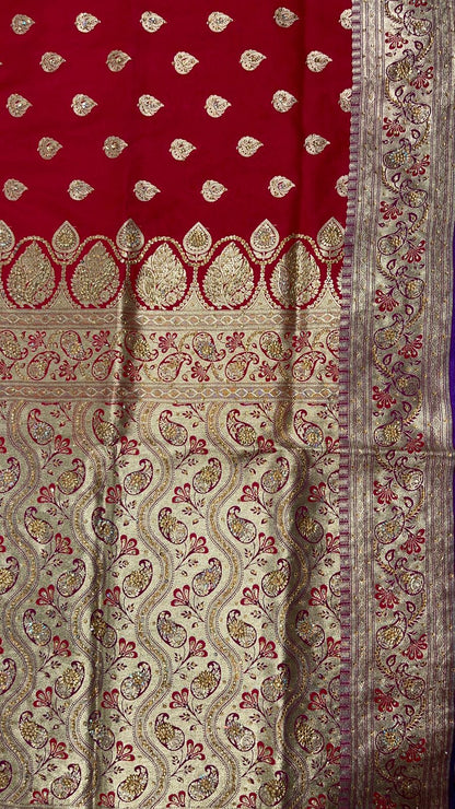 Faishana Presents Red Stone Work Golden Zari Booti with Contrast Blue Paisley Lehariya Pallu Zari Border with Blue Blouse Banarasi Saree
