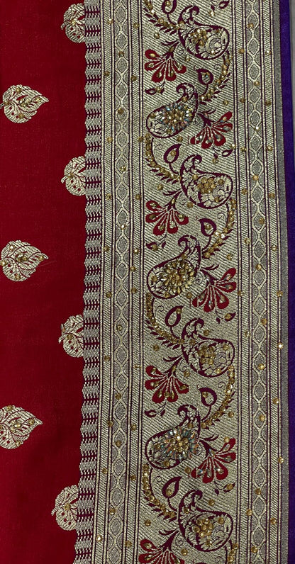 Faishana Presents Red Stone Work Golden Zari Booti with Contrast Blue Paisley Lehariya Pallu Zari Border with Blue Blouse Banarasi Saree