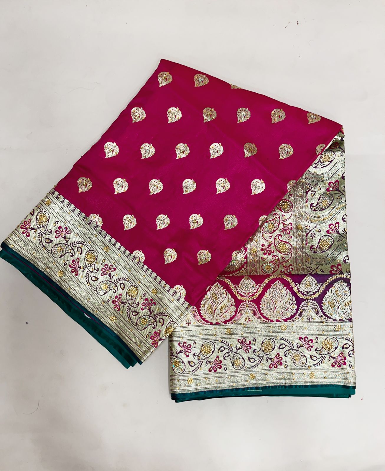Faishana Presents Pink Stone Work Golden Zari Booti with Contrast Green Paisley Lehariya Pallu Zari Border with Green Blouse Banarasi Saree