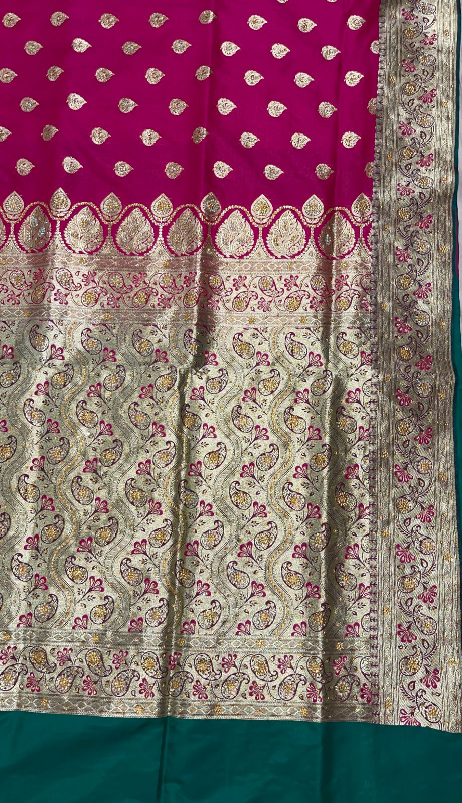 Faishana Presents Pink Stone Work Golden Zari Booti with Contrast Green Paisley Lehariya Pallu Zari Border with Green Blouse Banarasi Saree