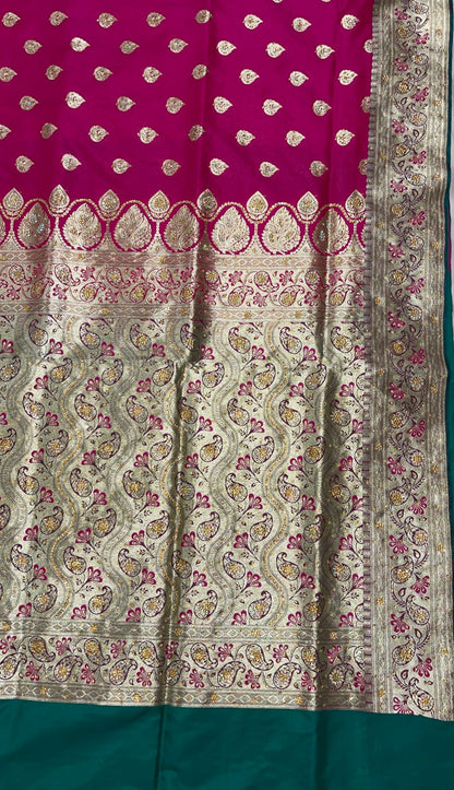 Faishana Presents Pink Stone Work Golden Zari Booti with Contrast Green Paisley Lehariya Pallu Zari Border with Green Blouse Banarasi Saree