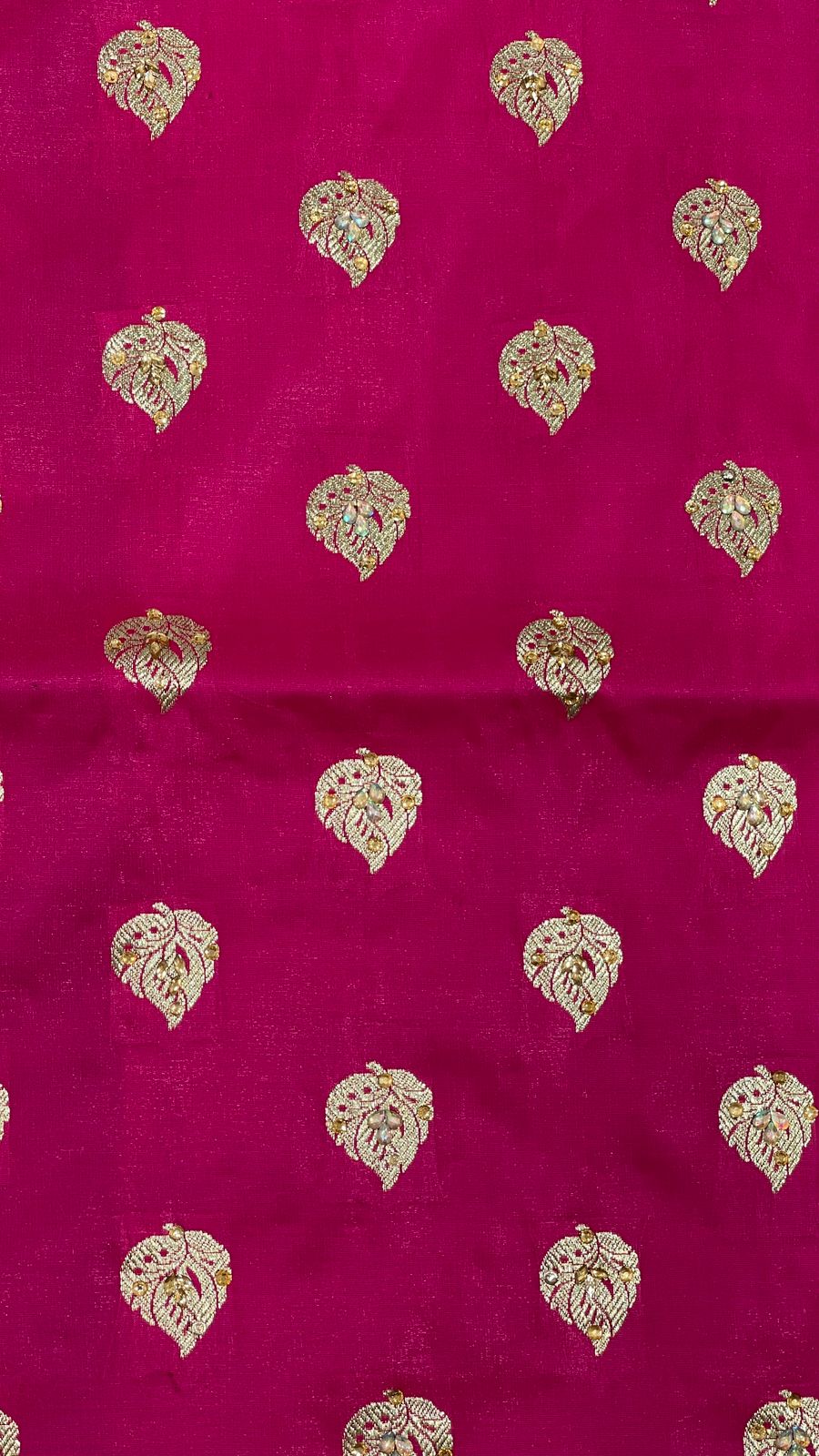 Faishana Presents Pink Stone Work Golden Zari Booti with Contrast Green Paisley Lehariya Pallu Zari Border with Green Blouse Banarasi Saree